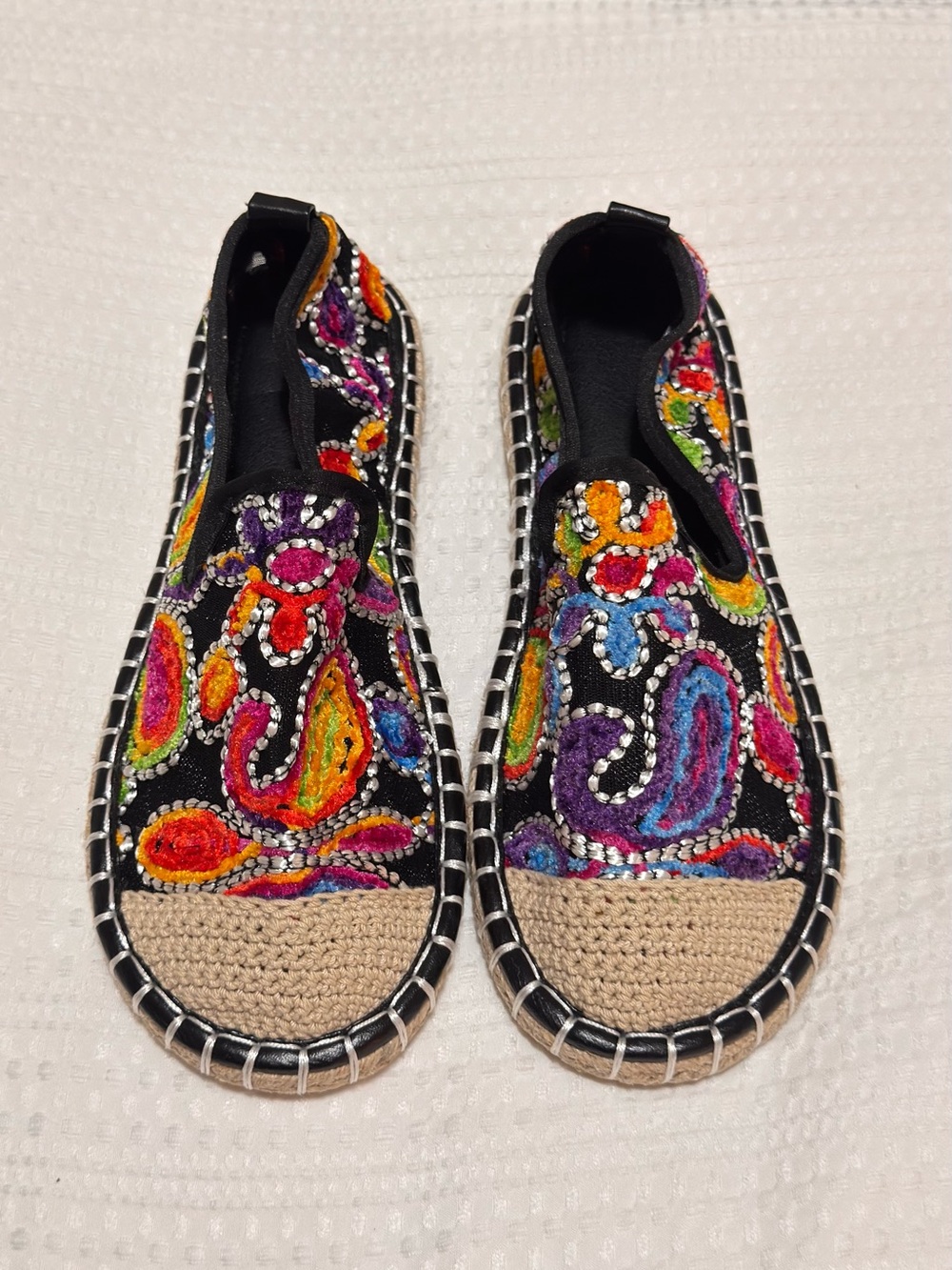 Black Multicolor Embroidered Slip-On Espadrille Flats